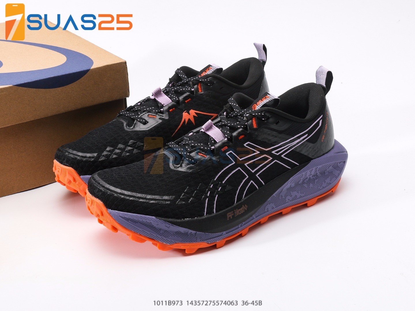 ASICS Gel Trabuco 13 black and light ube colorway.