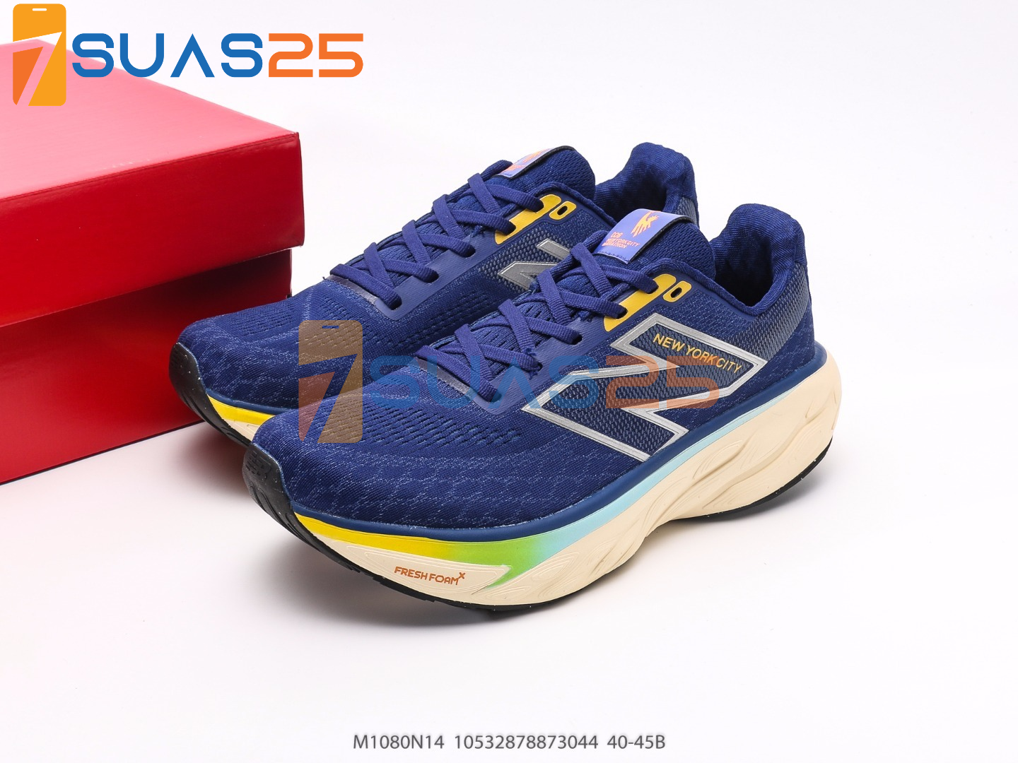 New Balance Fresh Foam X 1080v14 running shoe in a blue colorway, part of the TCS NYC Marathon Pack